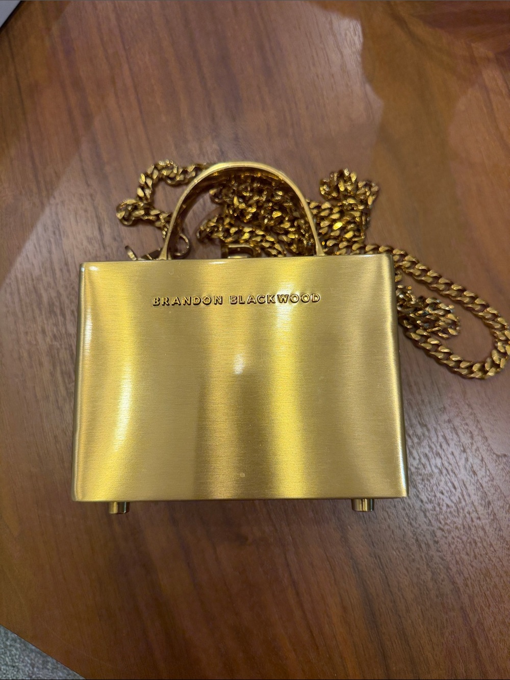 Brandon Blackwood Metallic Gold Mini Box Bag with Chain Strap